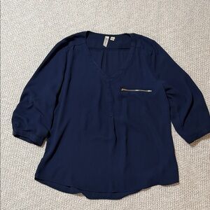 Tacera Navy V-Neck Blouse with Gold Zip Accent